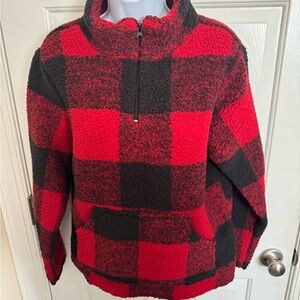 Marissa Olivia Womens Check Fuzzy 1/4 Zip Pullover Sweater Black/Red Plaid S NWT